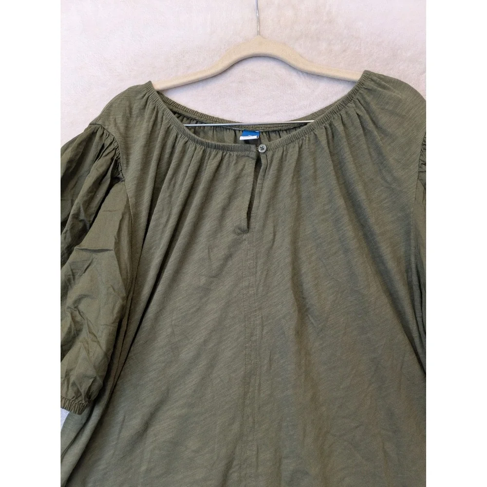 Old Navy Blouse Women's XL Olive‎ Green Puff Sleeve Keyhole Button Relaxed Fit